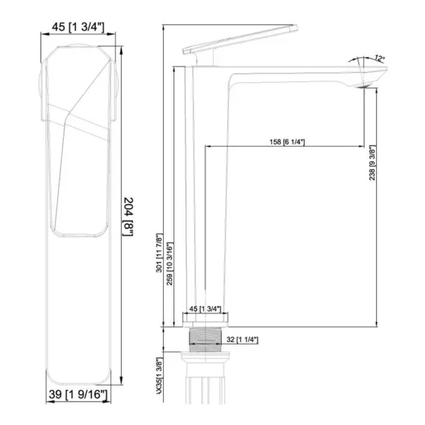 Verona Tower Sink Mixer Drawing
